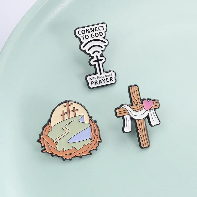 Creative Cross Badge Brooch Pins Connect To God WiFi Password: PRAYER Letters Enamel Lapel Pin Accessory On Backpack Clothing Or