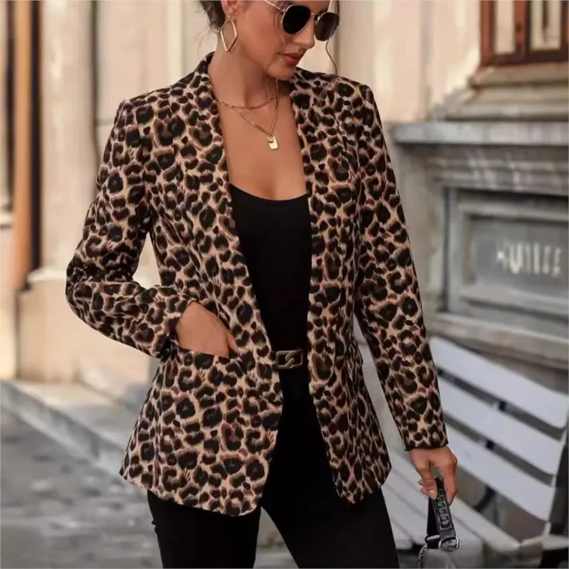 Women's sports jacket 2025 spring/summer fashion lady office sexy button top leopard print suit jacket women's lapel outerwear