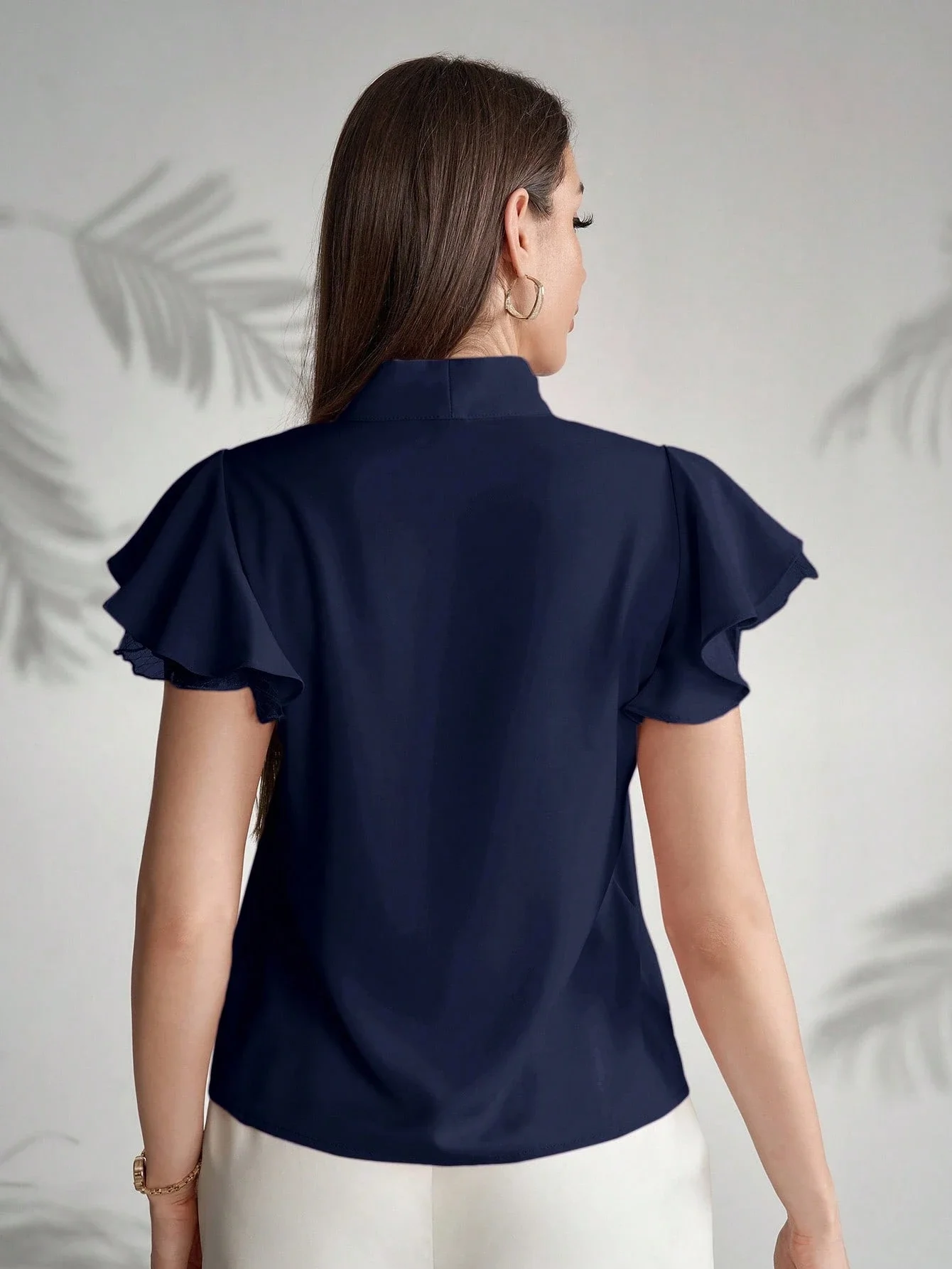 

Women's Solid Navy Blue Tie Collar Short Sleeve Blouse Elegant For Office Summer