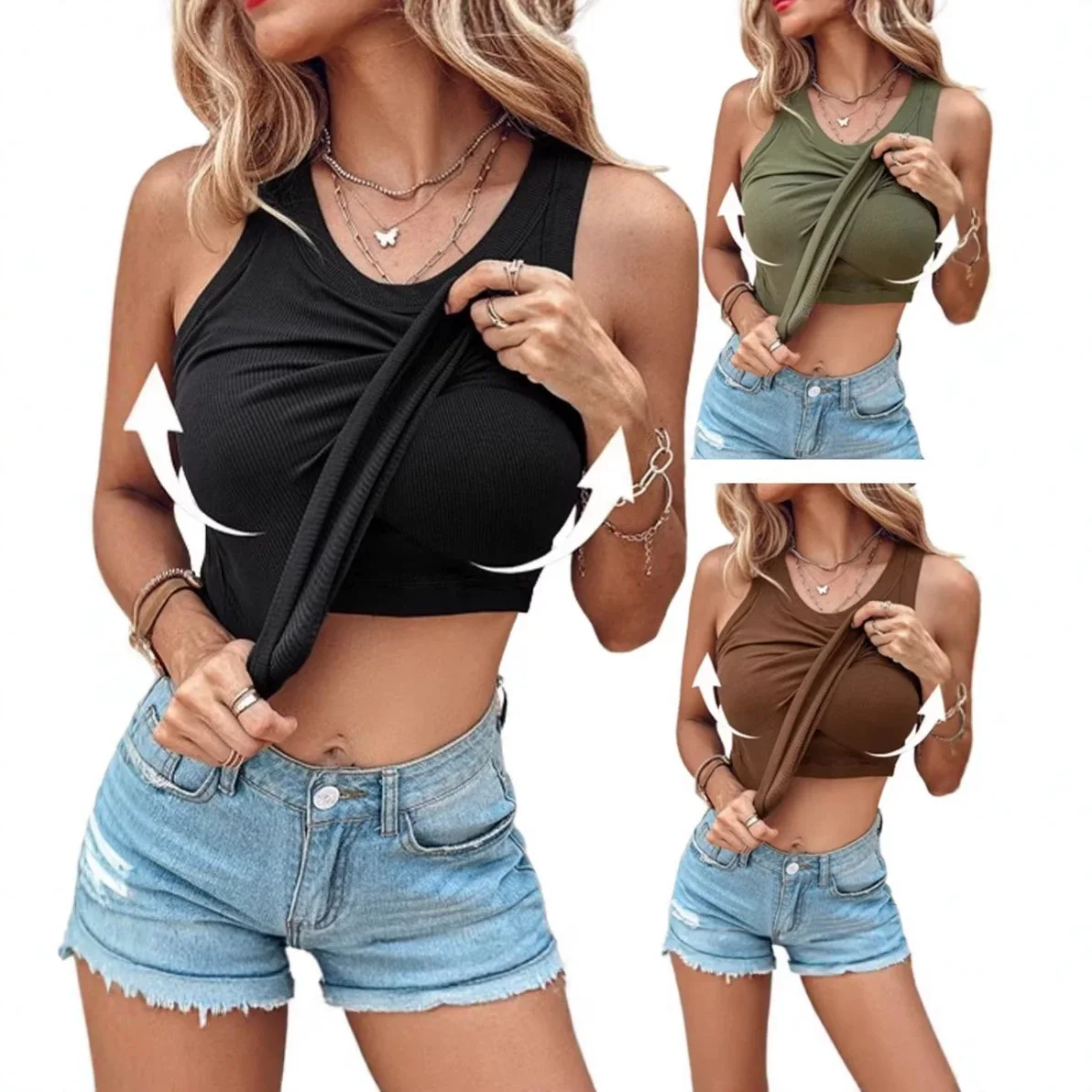 Women Solid Round Neck Built in Bra Daily Casual Tank Top