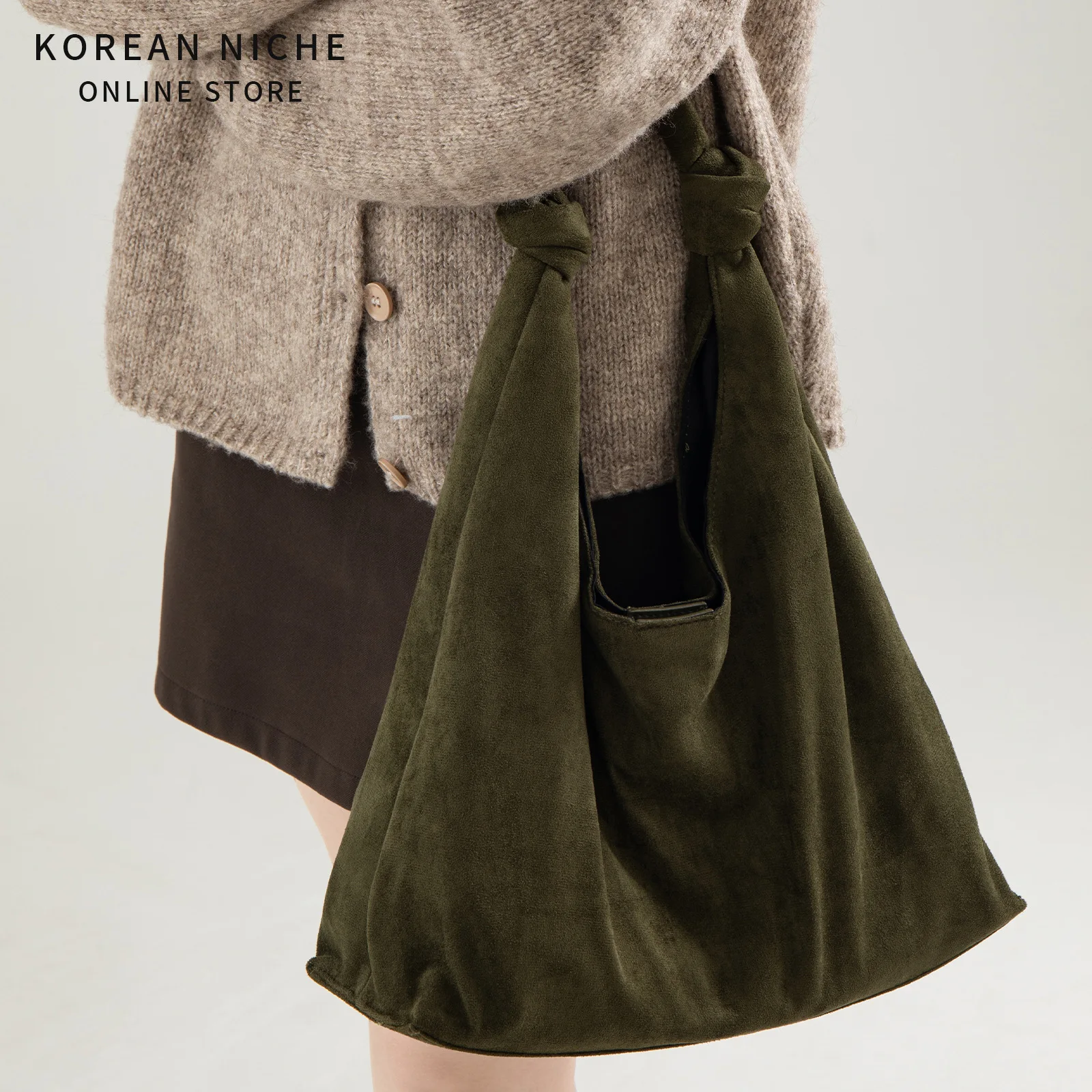 Women Suede Large Shoulder Bag Triangle Tote Handbag Knotted Strap Magnetic Snap Closure Big Purse Casual Daily Travel