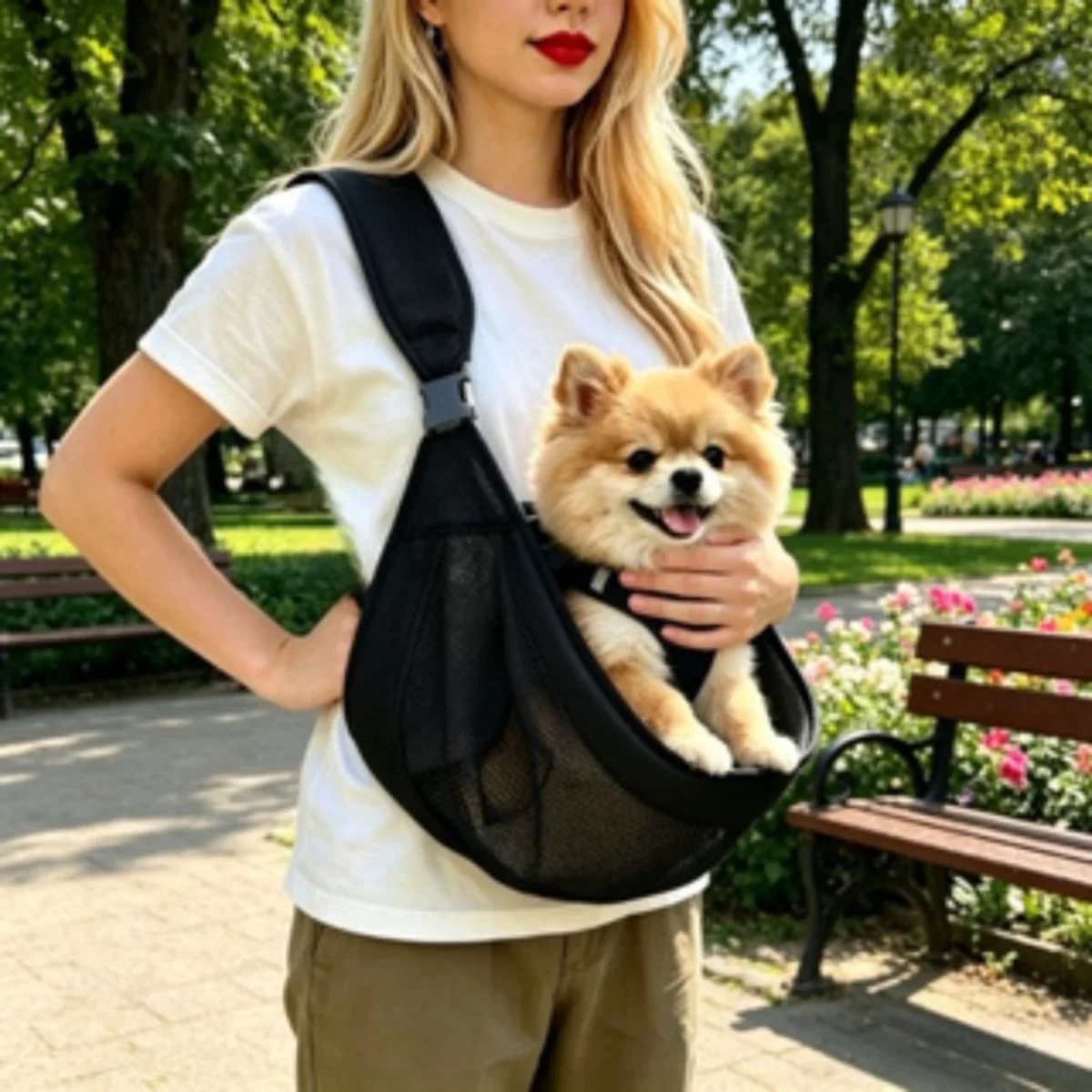 Haustier-Tragetasche Rucksack Umhängetasche Atmungsaktives Netzgewebe Katzen- und Hunde-Reiseträger mit Schnallenverschluss Belüftetes Design Outdoor-Zubehör – Detail 4