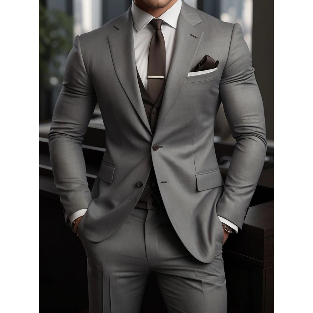 High Quality Men\'s Suits Grey Outfits Single Breasted Notch Lapel Wedding Costume Homme 3Piece Jacket Pants Vest Slim Fit 2024