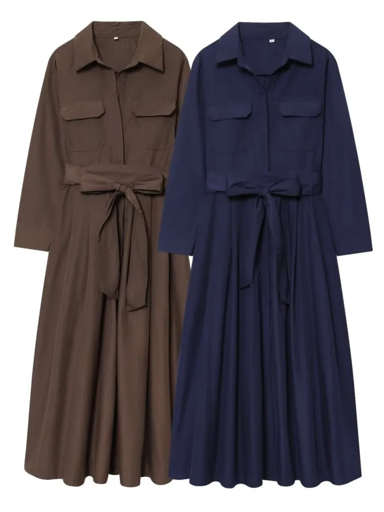 HipSeam Women Shirt Midi Dress With Belt Autumn Turn Down Collar Women's Dress Pocket Long Dress Pleated Hem Female Chic Dresses