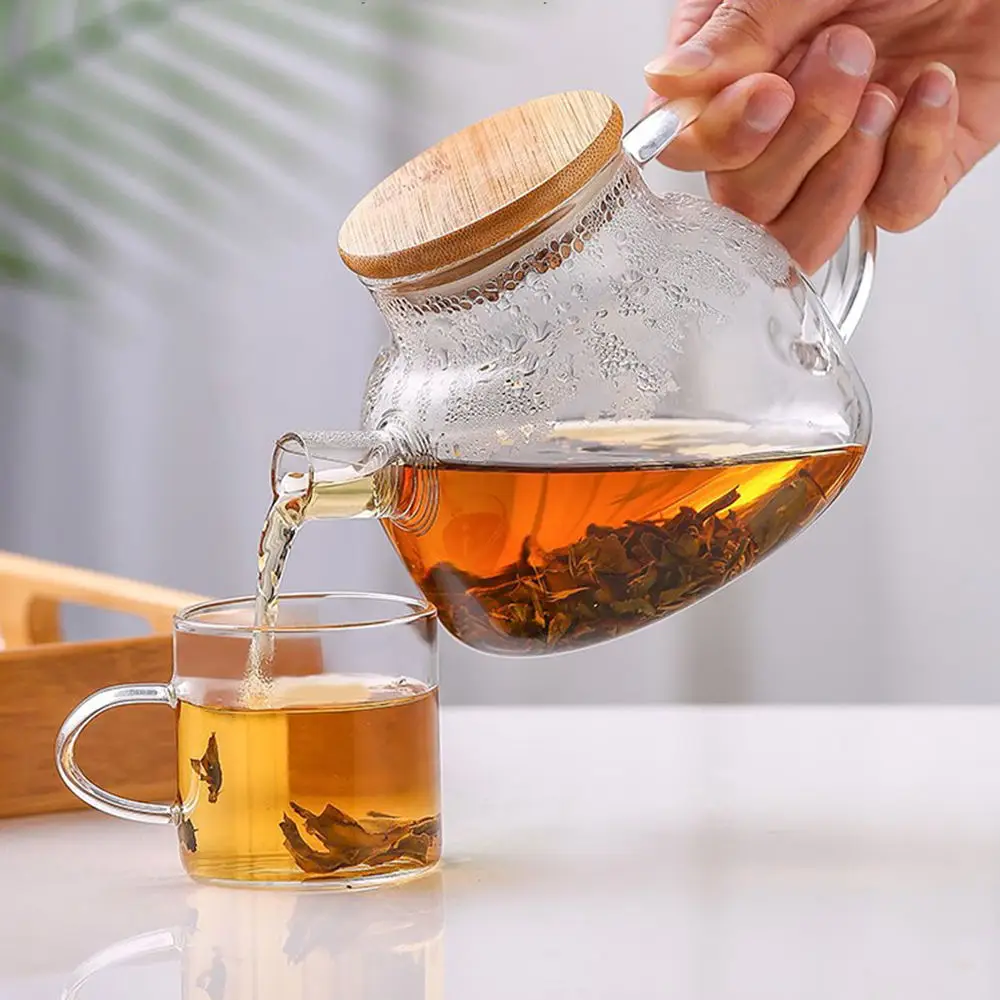 High Borosilicate Glass Tea Infuser Kettle Household Use New Chinese Teapot Bamboo Cover Set Teaware Kitchen Dining Bar Home