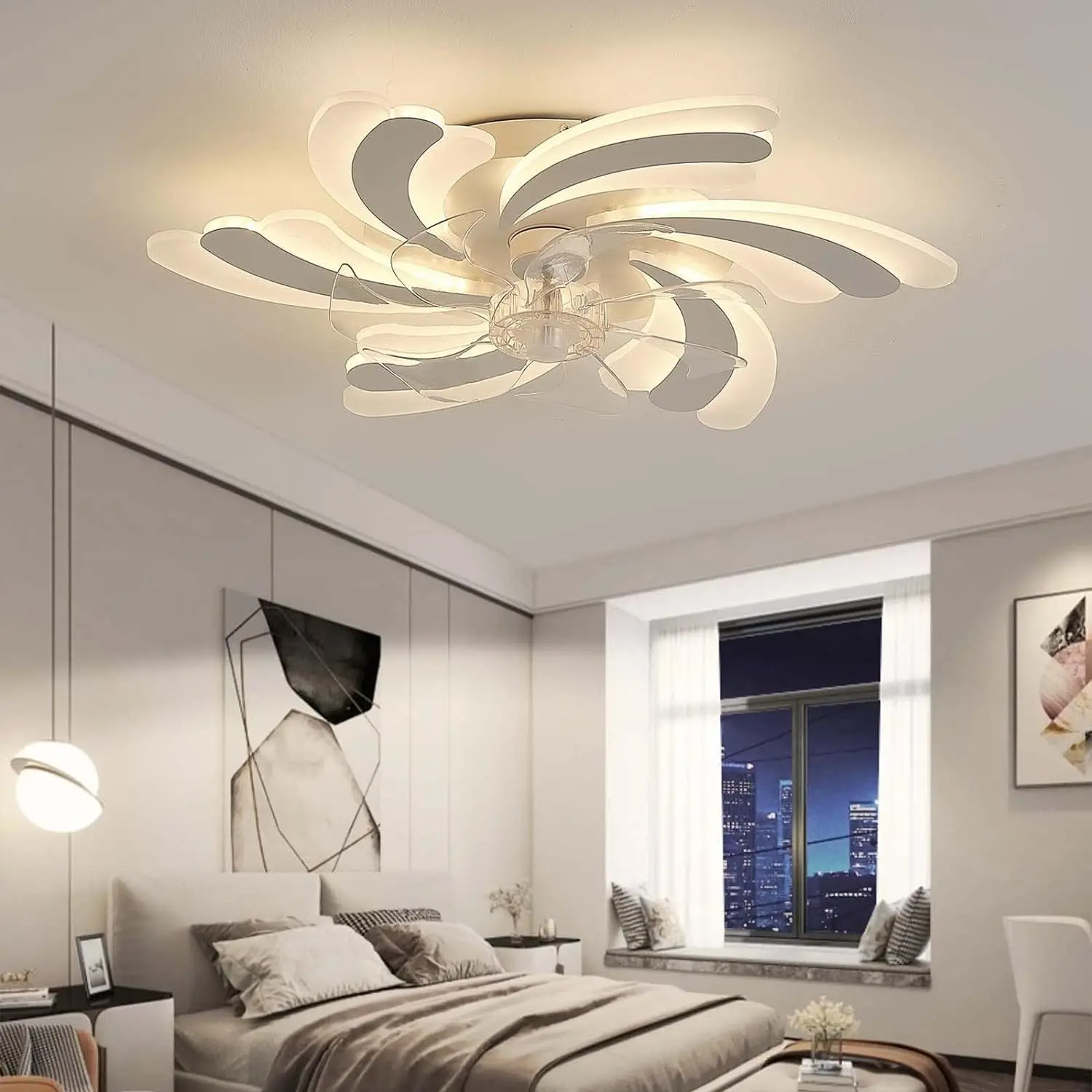 Nordic Flower Shape Black White Ceiling Fan Light LED Ceiling Lamp Remote Control Bedroom Silent Electric Fan Lamp Ventilators
