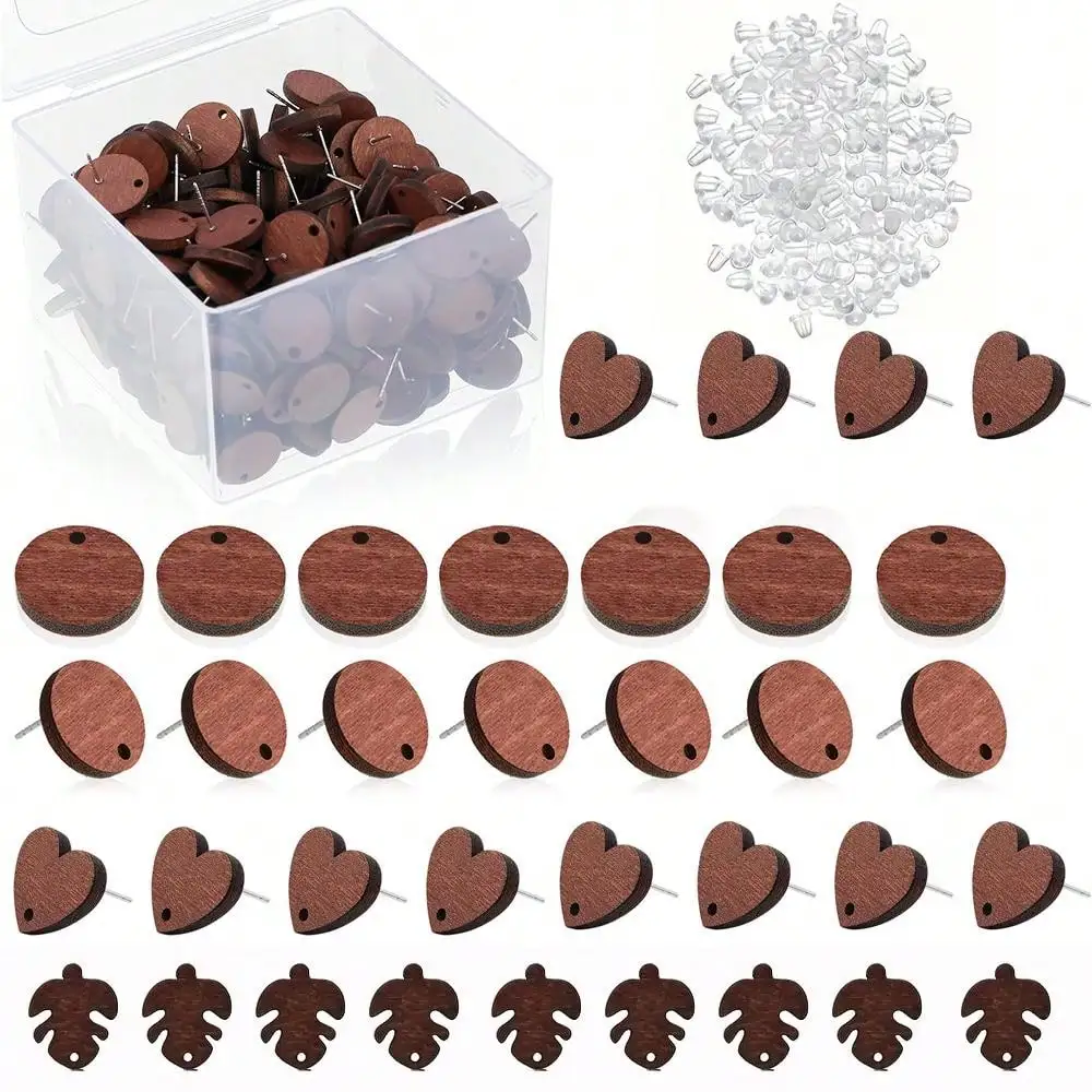 10set(5pairs)/50sets(25pairs)/100sets(50pairs) Wood Circle Heart Turtle Leaf  Shaped  Earring Studs  DIY Jewelry Making Supplies