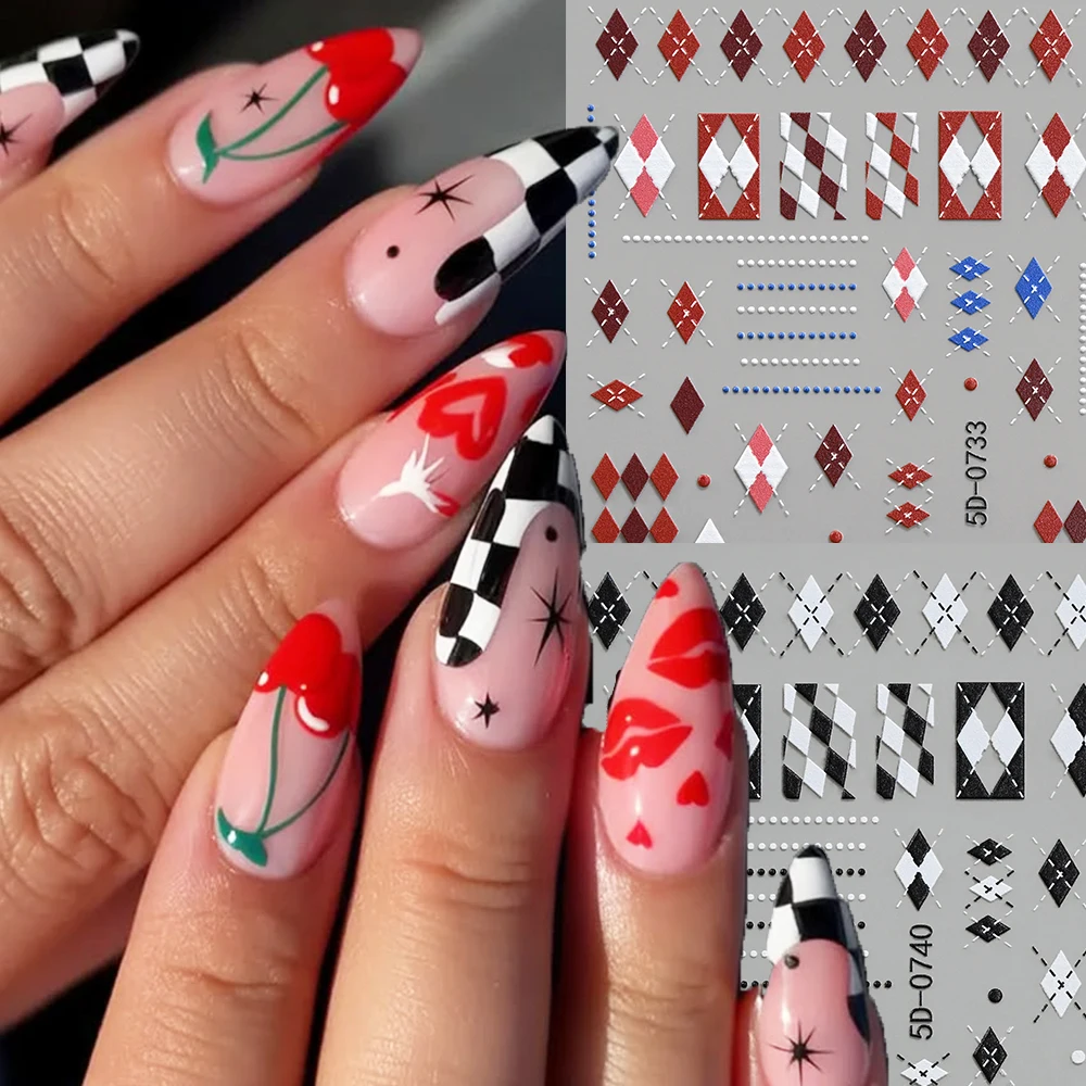 5D Y2K Red Black Checkerboard Nail Stickers Classic Embossed Rhombus Plaid  Decal Self-adhesive Checkerboard Manicure Slider