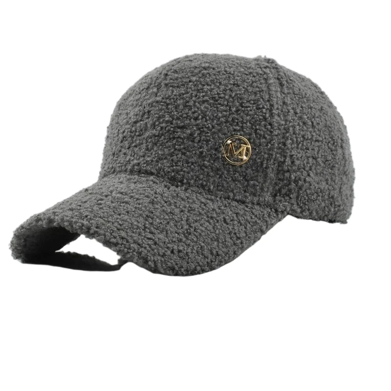 Winter-Baseballmütze aus einfarbiger M-Label-Lammwolle für Damen, warme, lässige, modische, vielseitige Plüsch-Entenschnabelmütze im Freien – Detail 9
