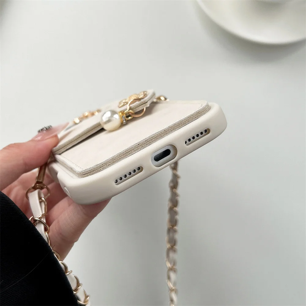 Y2K Leopard Print Card Holder Phone Case for 17 Pro Max Crossbody Strap Floral Charm Pearl Tassel Wallet Cover for iPhone 16-6