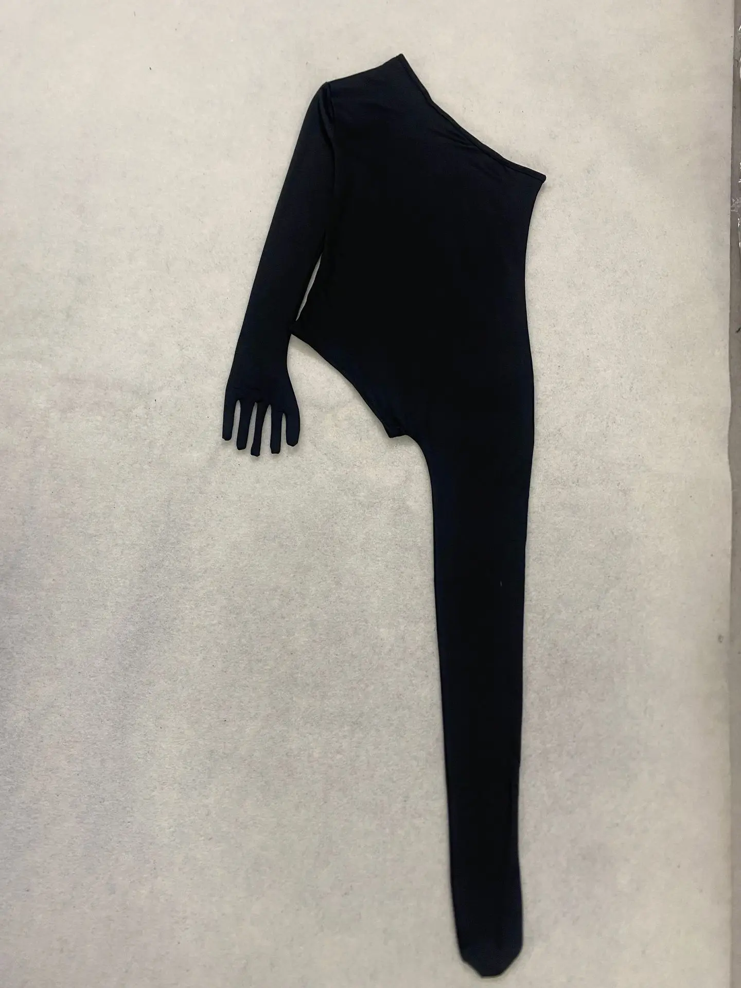 Y2K Fashion Women's Black One-Sleeve Glove Bodysuit Irregular Single Leg Tights Slim Integrated Streetwear Jumpsuit