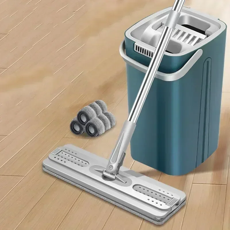 Flat Floor Mop and Bucket Set Kitchen Cleaning Tool Microfiber Squeeze Magic Scalable