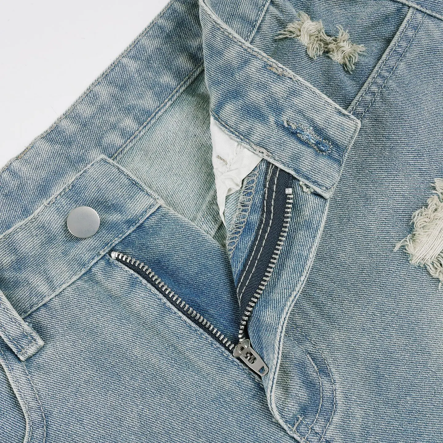 American Street Retro Old Ripped Straight Denim Jeans High Waist Casual Rough Edge Wide Leg Five-point Pants Baggy Jeans