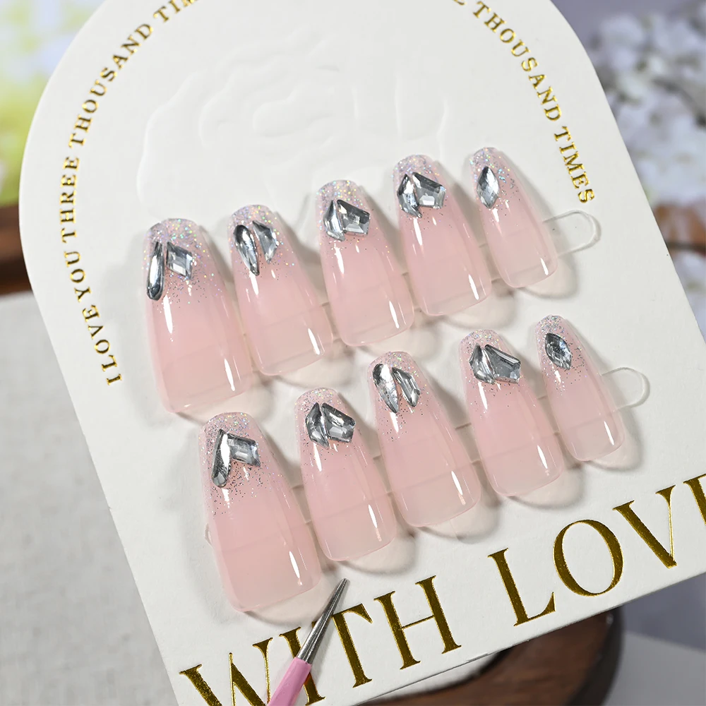 24 Uds. De uñas postizas de estilo francés rosa con diamantes de imitación, ataúd medio brillante, prensa en uñas, brillo, uñas postizas reutilizables, manicura * ^