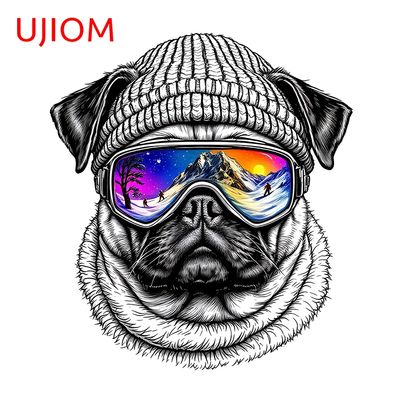 UJIOM Pegatina de pared de perro pug esquiador con gafas de esquí, diseño de dibujo a lápiz, tope de puerta, decoración atrevida para armario de cocina