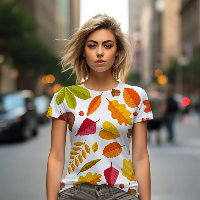 Yellow Leaf 3D Printed Women's T-shirt Casual Style Women's T-shirt Fashion Trend Women's T-shirt Summer New Women's T-shirt