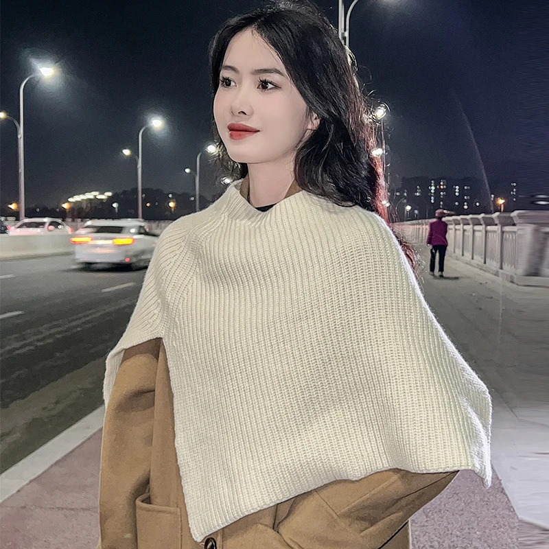 

Ladies' Korean Version,Forked Shawl,100% Pure Wool Knit, Round Neck Solid Color Cape Style, Winter Fashion, Warm and Cozy Outfit