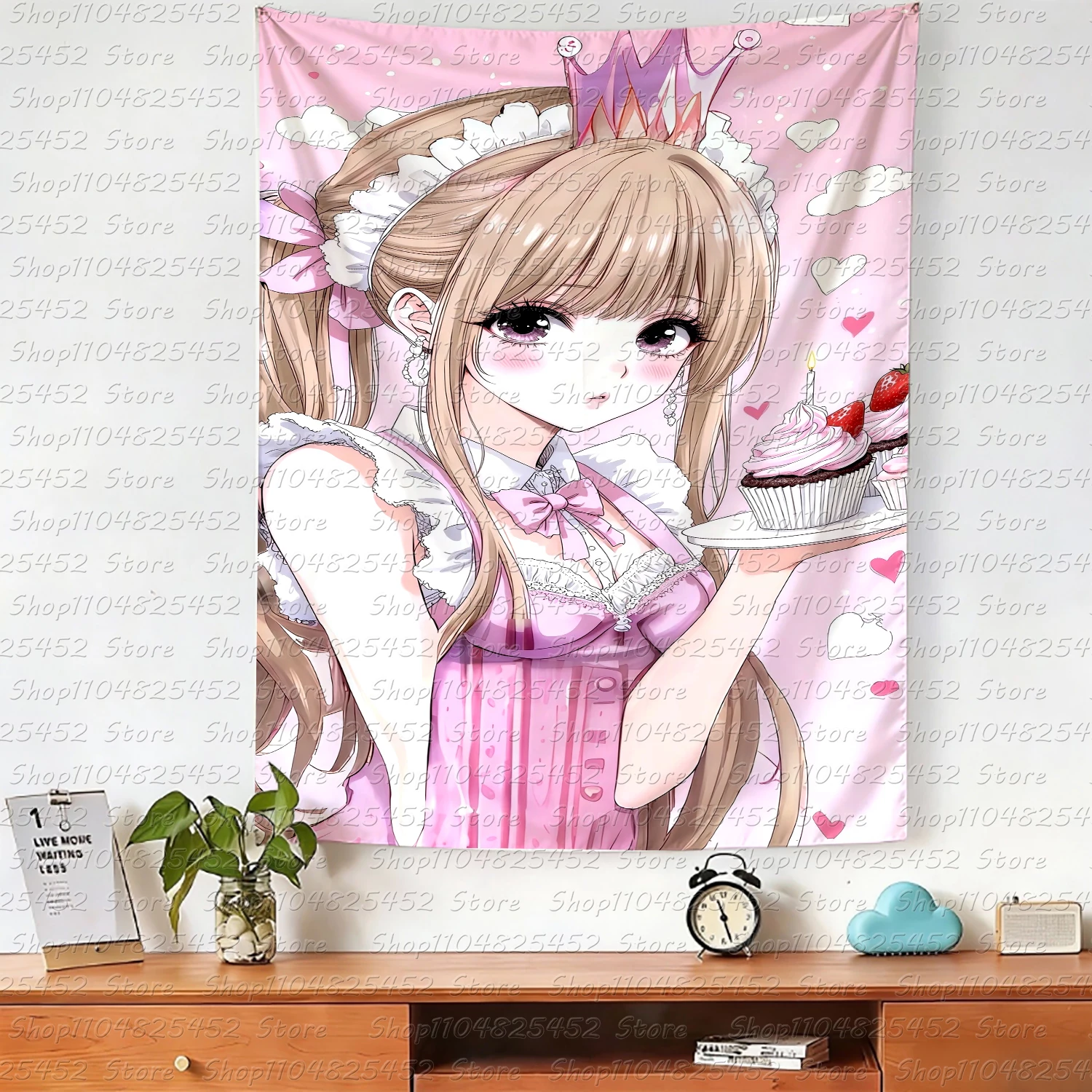 Cupcake Princess Anime Tapestry, Pink Lolita Girl Wall Hanging, Sweet Dessert Room Decor, Ins Style Student Dorm Bedroom