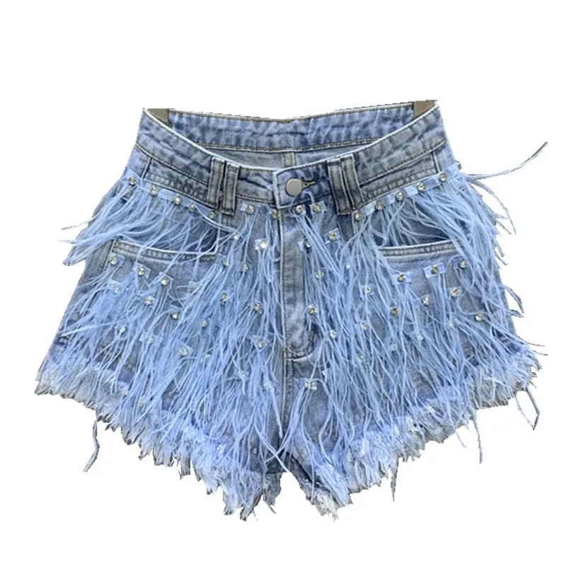 Spring And Aummer New Fringed Diamond-Encrusted Washed Light Blue Denim Shorts Fashionable High Waist Denim Breathable Shorts