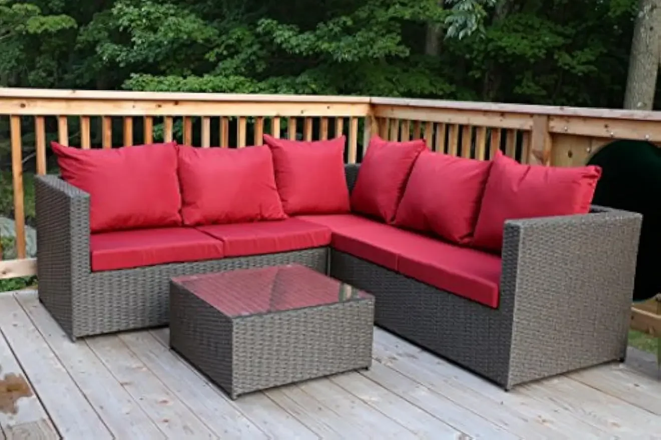 

Large 4 Pcs Brown Rattan Wiker Sectional Sofa Set Outdoor Patio Furniture - Fully Assembled Aluminum Frame with Ottoman Dark Red