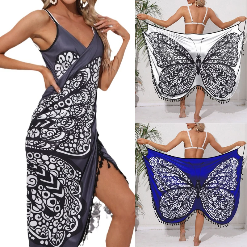Damskie bikini seksowny nadruk z motylem Cover Up stroje kąpielowe damskie sukienka letnia tunika kąpielowa Sarong spódnica wiązana strój kąpielowy eleganckie kostiumy kąpielowe