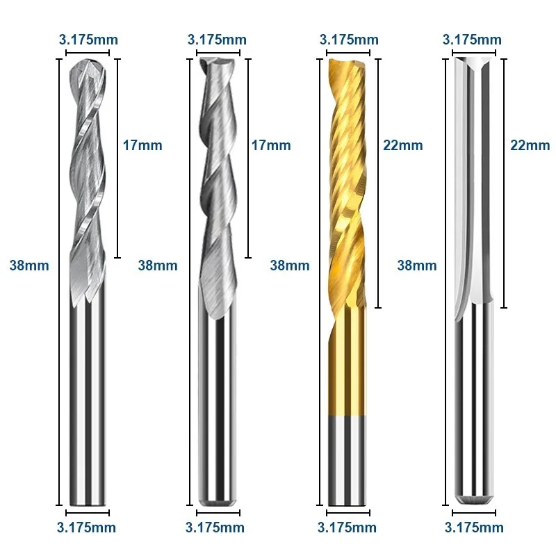 Milling Cutter 10pcs 3.175mm Shank Ball Nose End Mill 2 Flute Flat CNC Router Bits PCB Milling Cutter for Woodworking Tools