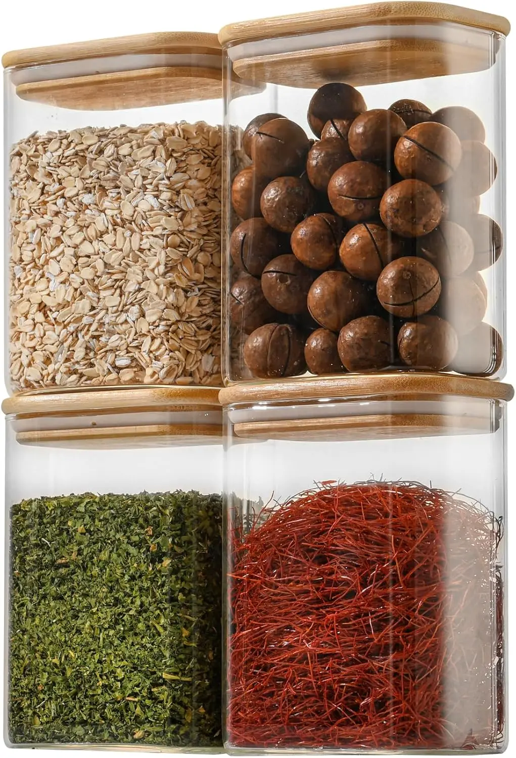 

Герметичные стеклянные банки для хранения на 37 унций с бамбуковыми крышками (набор из 4 шт.) — квадратные пищевые контейнеры для круп, орехов, кофейных зерен