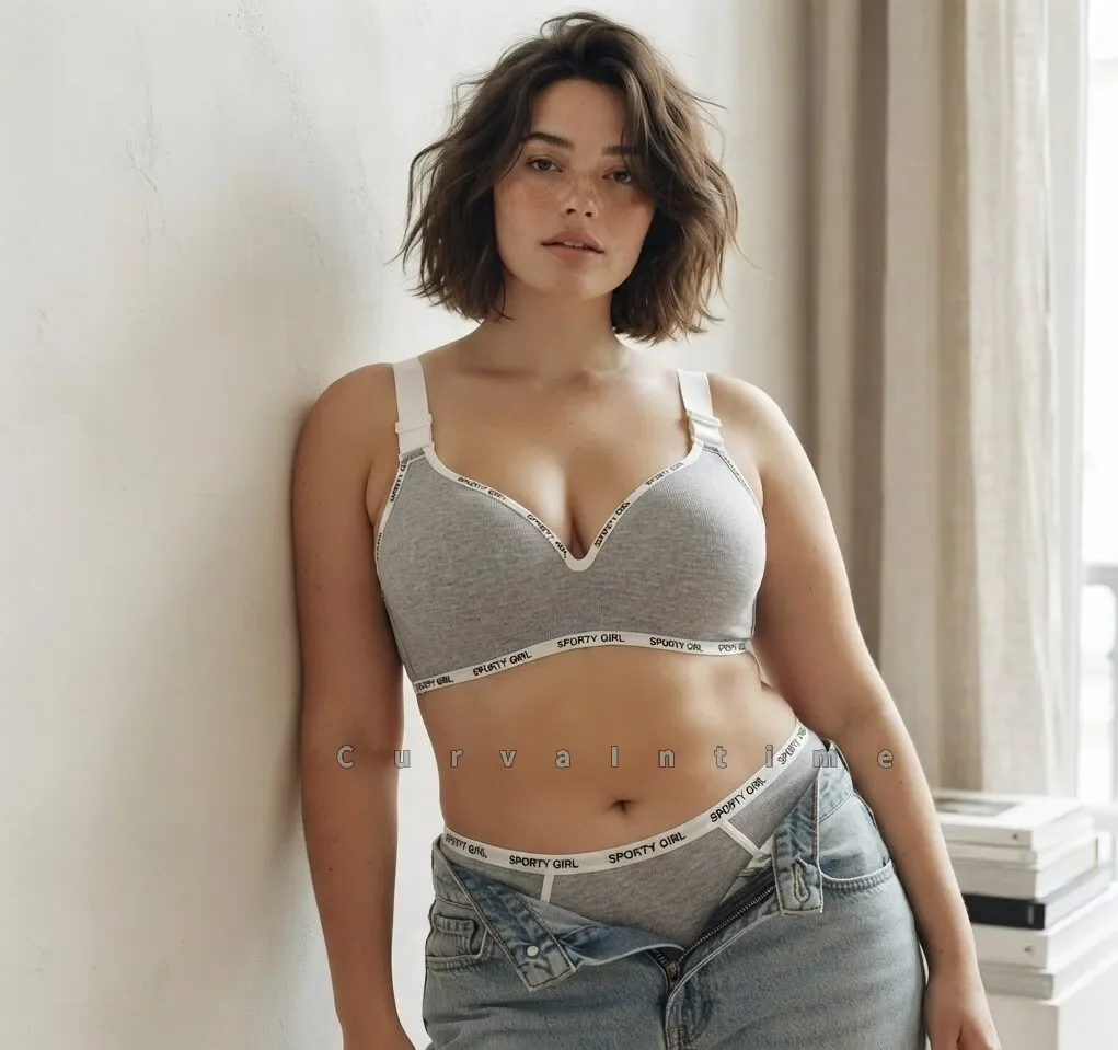 Women Plus Size Wireless Bra Wireless Ribbed Cotton Sporty Girl Letter Print Adjustable Strap Full Coverage Comfort Large Cup