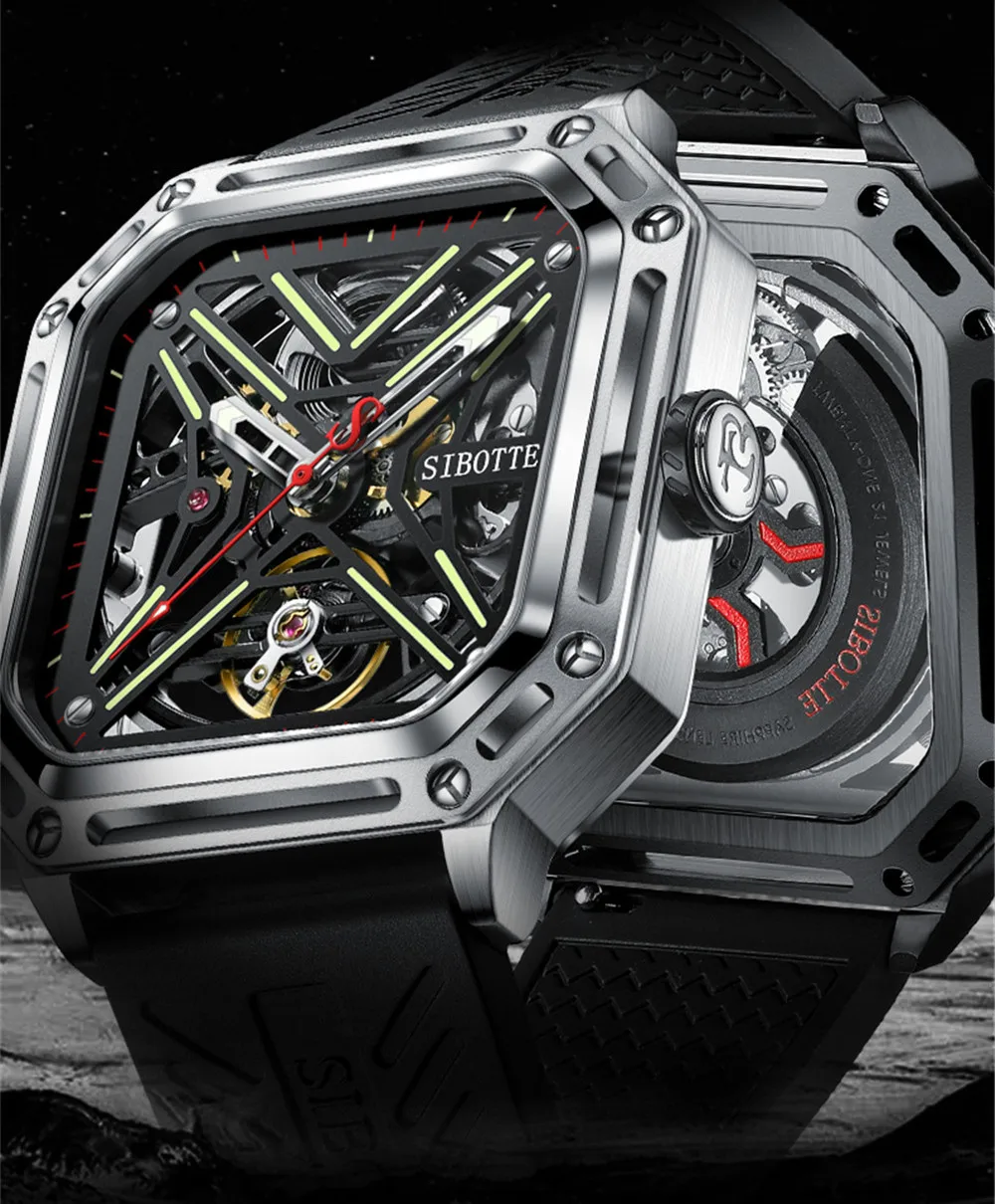 SIBOTTE Men's Luxury Wrist Watch Square Hollow Dial Sapphire Mirror 50M Waterproof Mechanical Automatic Silicone Strap Timepiece