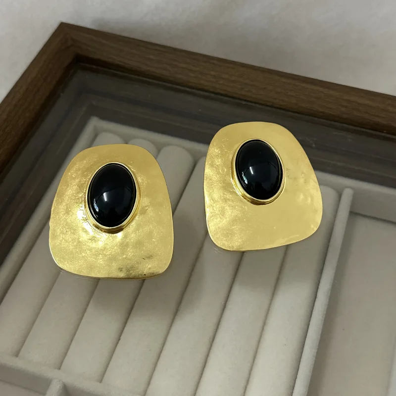 Vintage Gold Plated Alloy Black Stone Dangle Earrings for Women Jewelry Trendy Girls' Daily Statement Earrings Accessories