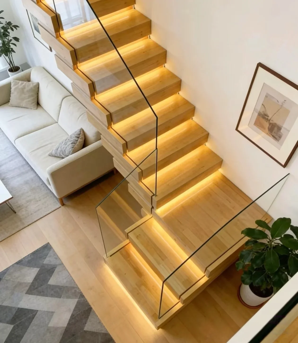 Solid Wood Stackable Staircase Step Lights Natural Oak Finish Recessed LED Glass Railing Customizable Indoor Villa Modern Homes view 4
