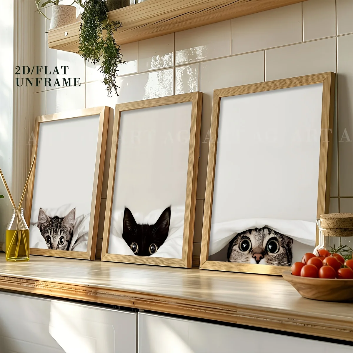 3 cats peeking at canvas printed posters, minimalist style decorative posters, cute animal wall art decorations, 2D flat printin