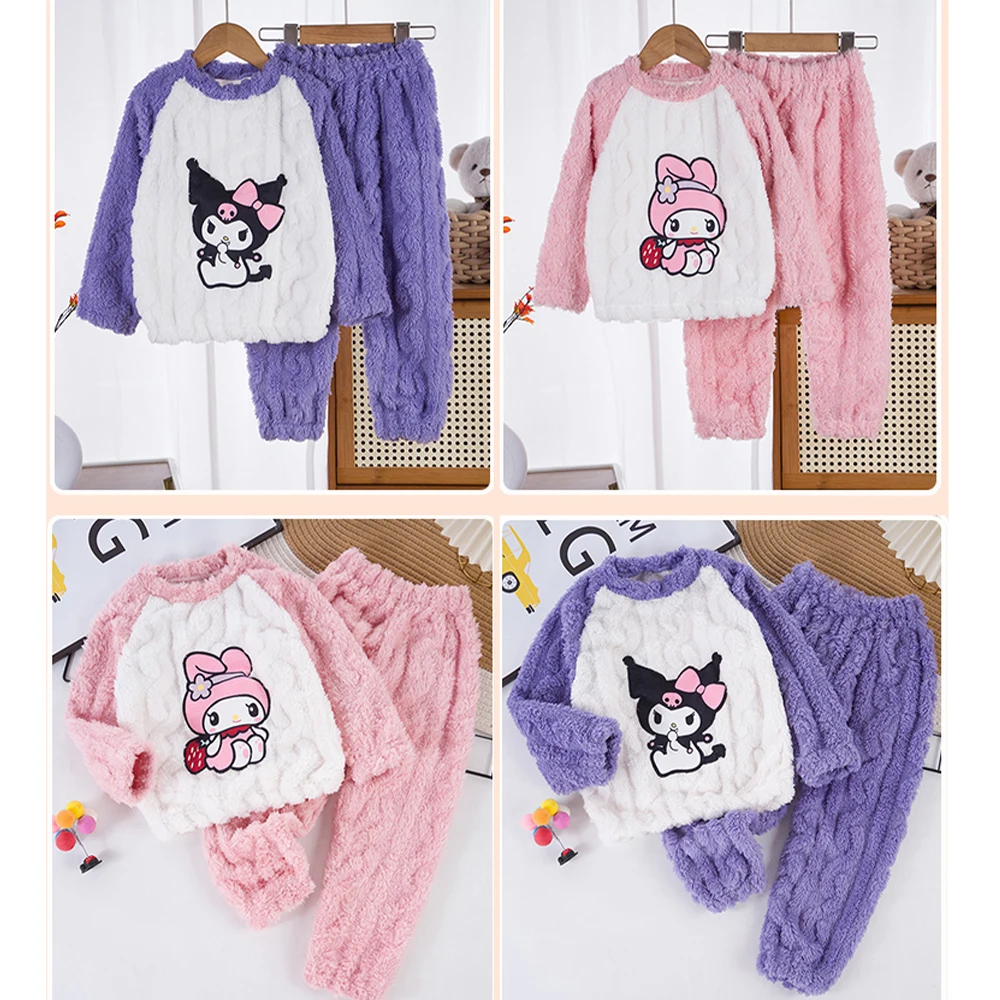 

Kawaii детские пижамы из кораллового флиса Kuromi Melody, пижамы для девочек, новая зимняя модная утепленная фланелевая милая домашняя одежда, ночная рубашка