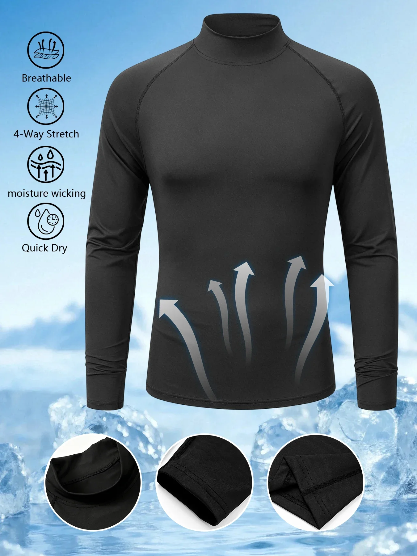 Herren Mock Neck Kompressions-Langarmshirt 4-Wege-Stretch Feuchtigkeitsableitend Schnelltrocknend Muskelunterstützung Fitness Workout Athletisches Basisshirt – Detail 2
