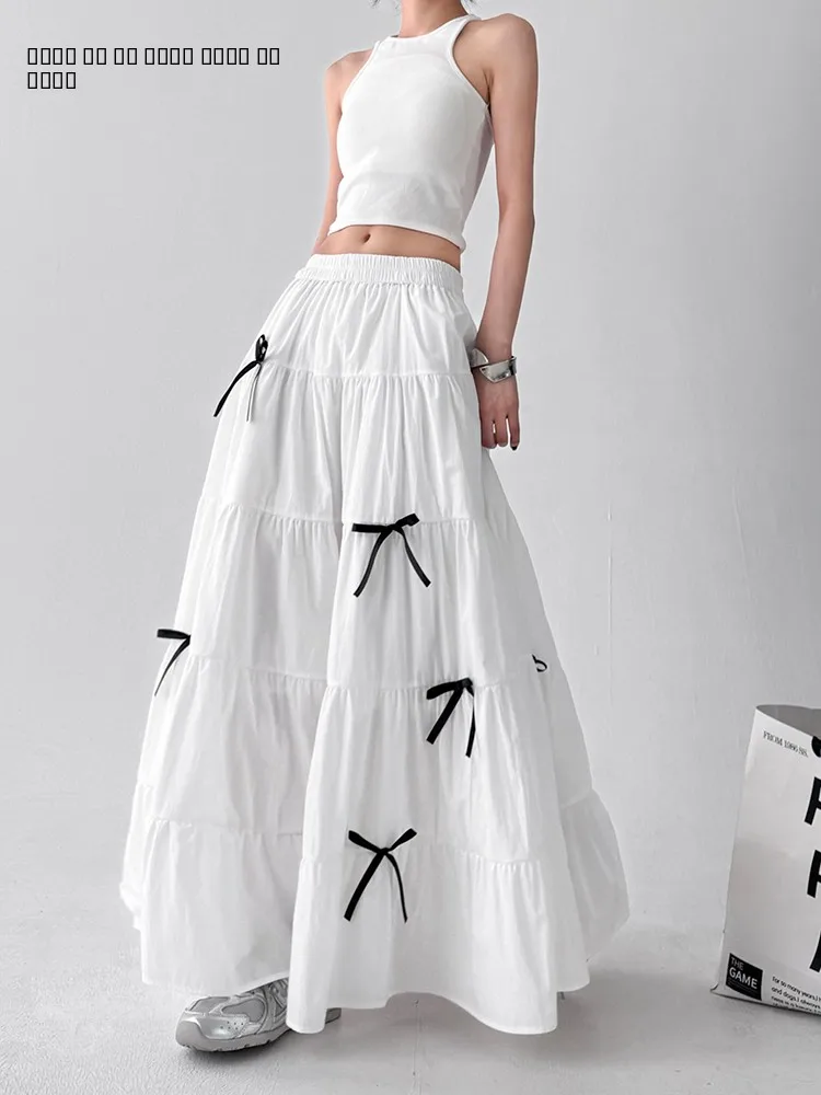 

Summer New High Waist A-Line Skirt with Knot for Tall Women Full Flounce Ele Long Skirts Polyester Cotton Blend