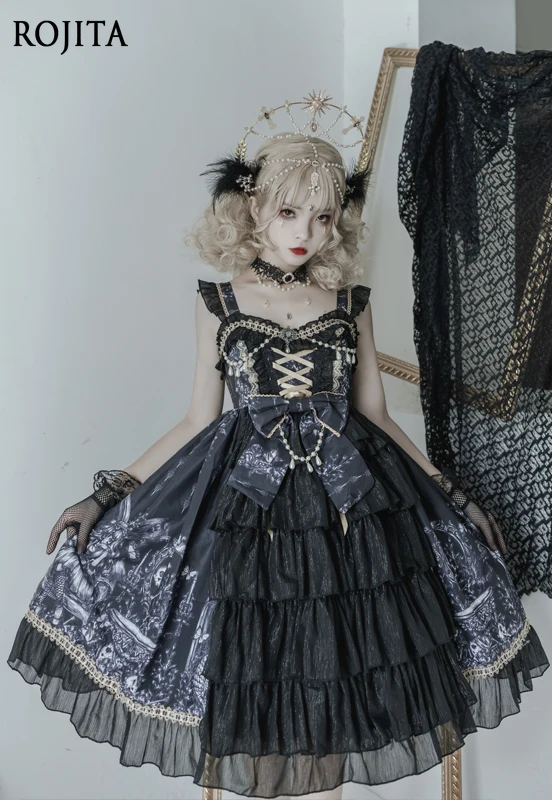 

Original Design Lolita Gothic Dark Style JSK Strap Dress Summer Dress Women Ruffle Patchwork Printed Black Sleeveless Dress