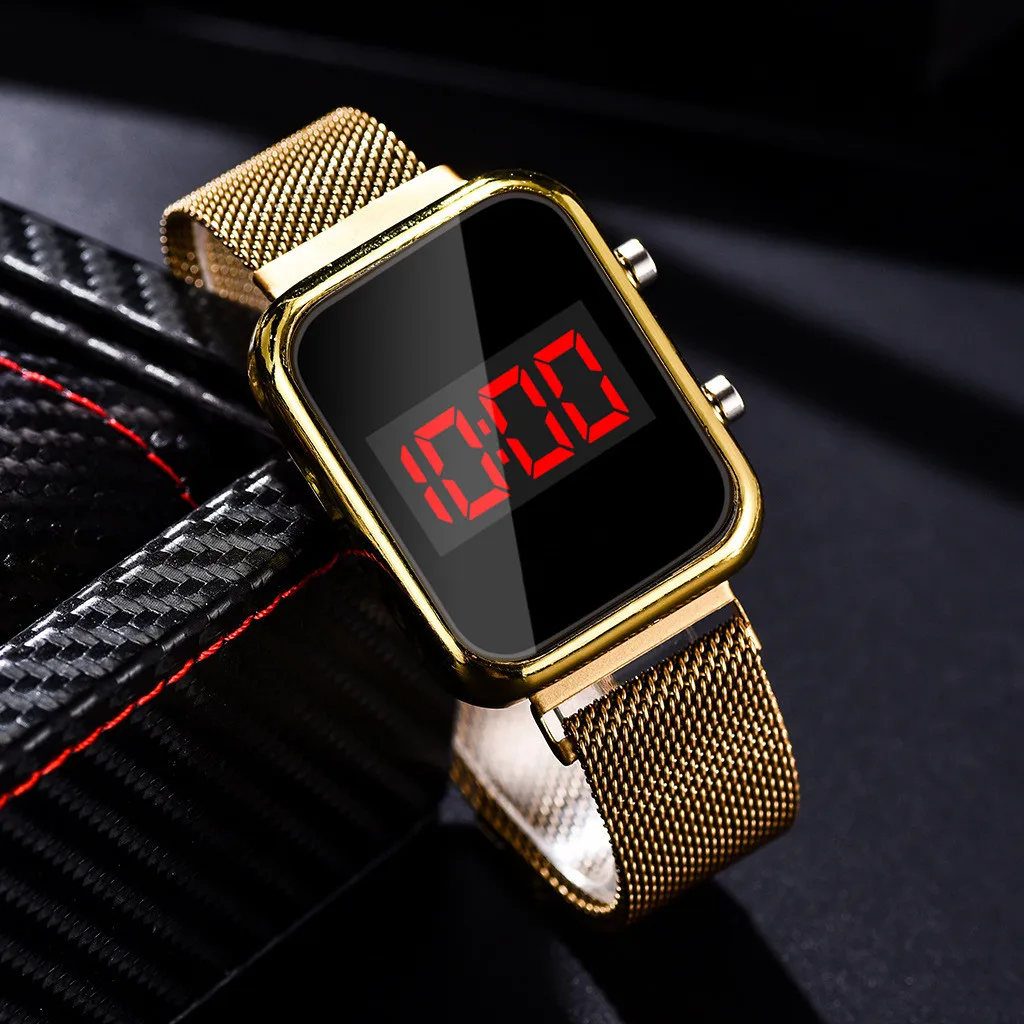 Fashion Women\'s Digital Watch Simple Square LED Electronic Wristwatch Metal Mesh Belt Luxury Rose Gold Female Clock reloj mujer