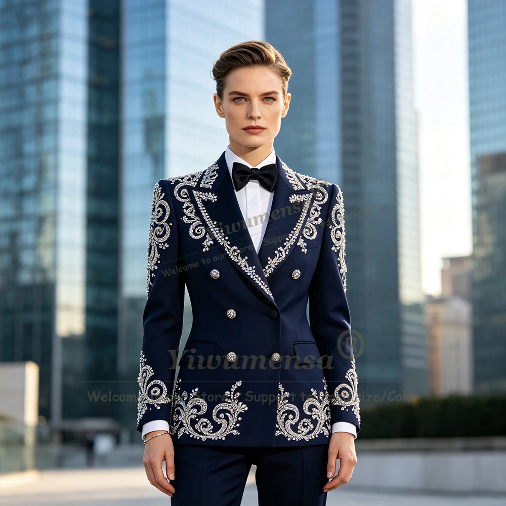 Luxury Diamond Beaded Women Suits 2 Pieces Lady Business Party Tuxedo Attire Customized Female Versatile Multi Occasion Clothing