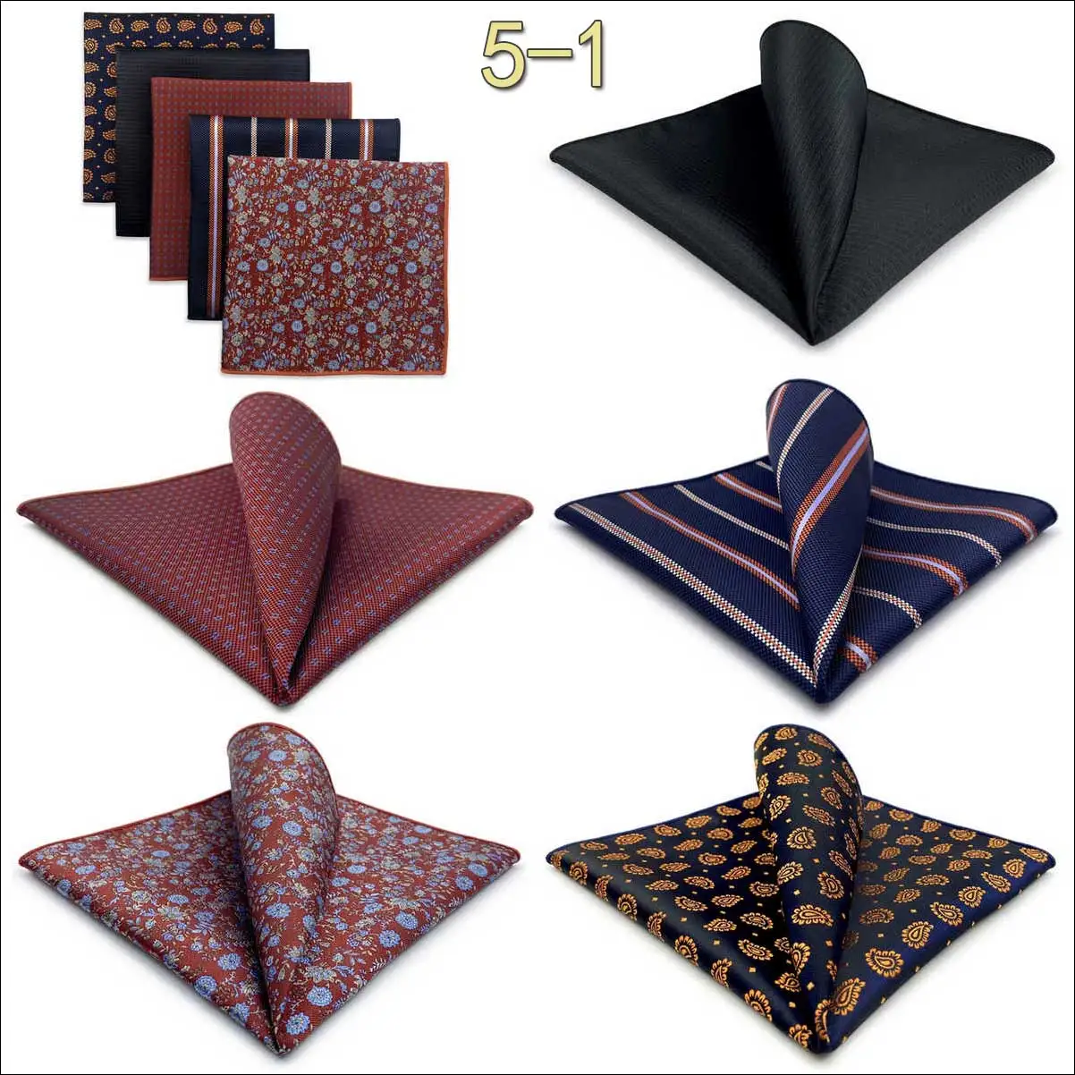 5-teiliges Herren-Einstecktuch-Set, verschiedene Einstecktücher, mehrere Stile, Paisley- und Blumenmuster, Anzug, groß, 32 cm, Business-Accessoires – Detail 2