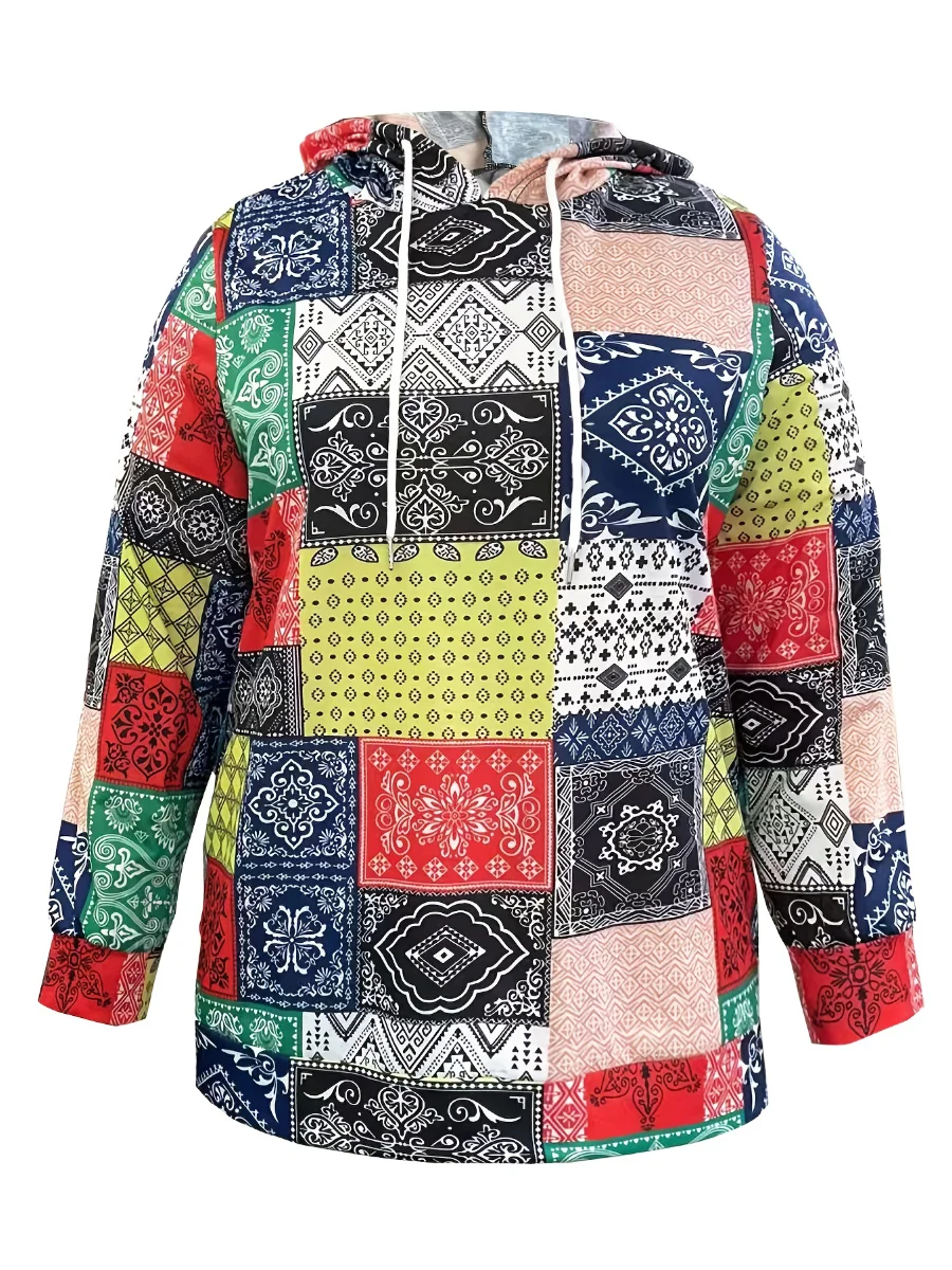 LW Autumn & Winter New Oversize Women Y2k Casual Hoodies Sweater Vintage Plaid Color Block Print Loose Hoodie Top L-5XL