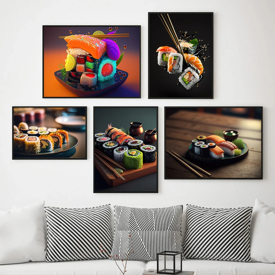 Japanese Food Delicious Sushi Salmon Roll Caviar Seafood Poster Canvas Painting Wall Art Pictures Home Kitchen Restaurant Decor