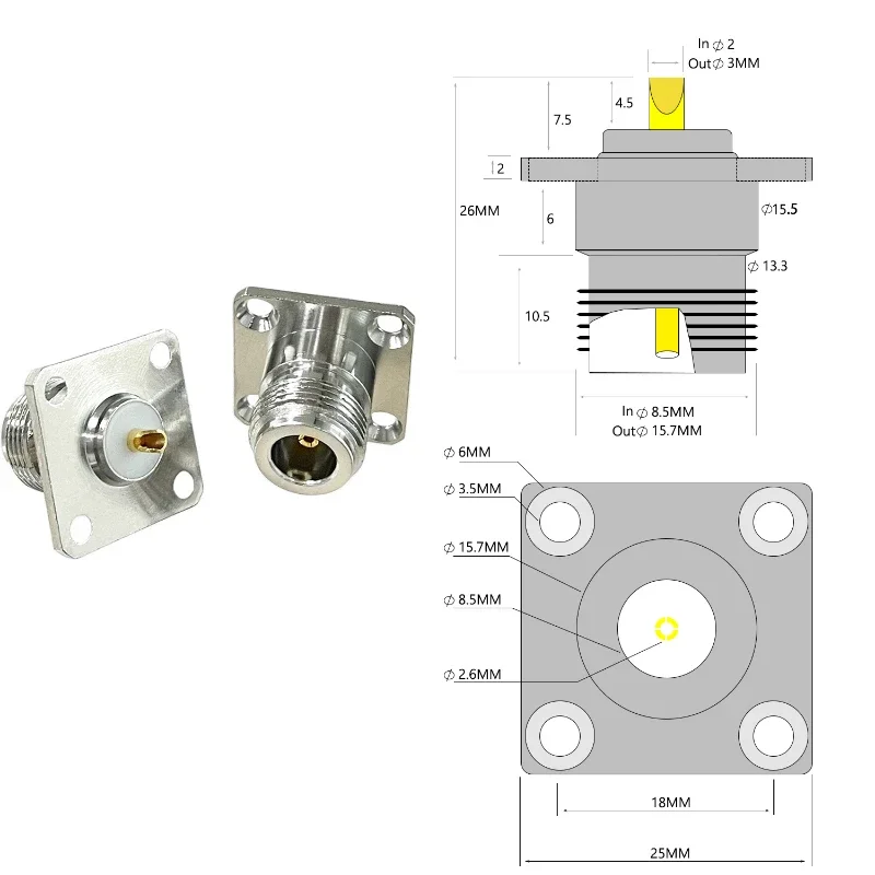 

1Pcs/lot N Type Female Jack RF Coaxial Connector 4-hole Panel Mount Chassis with Solder Cup Welding Terminal