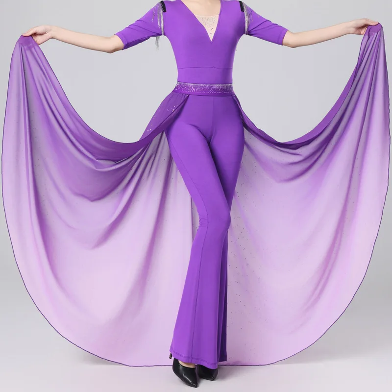 Pantaloni svasati a vita alta sfumati Pantaloni per pratica di danza moderna Pantaloni per performance sul palco a gamba larga per abbigliamento da ballo artistico da donna