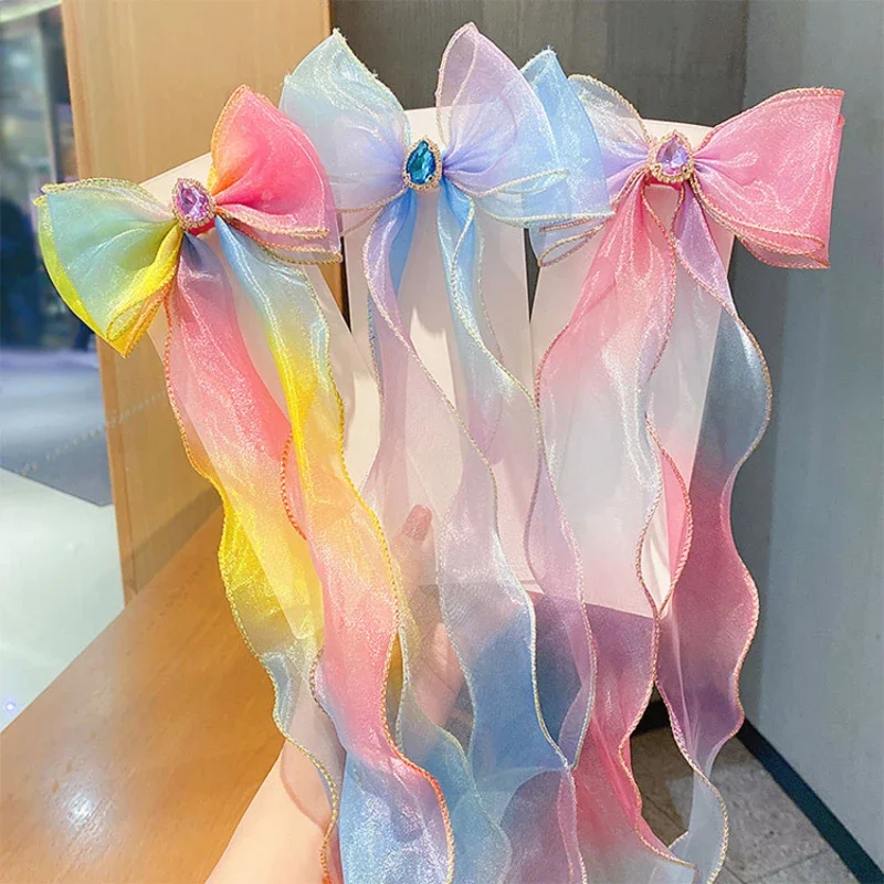 Meisjes schattige elegante mesh striklint haarclip met faux parel kwastje kristaldecoratie kleurrijke chiffon hoofddeksels voor feestkinderen