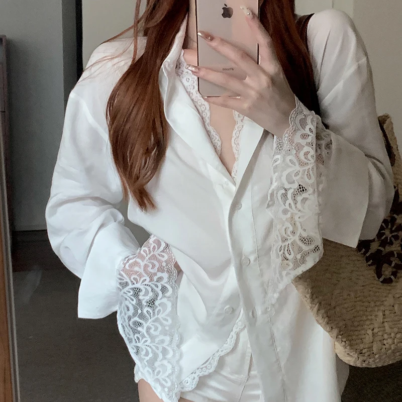 Damska koszula zapinana na guziki Y2K Casual Lace Patchwork Topy z długim rękawem Luźna bluzka na Streetwear Estetyczna odzież