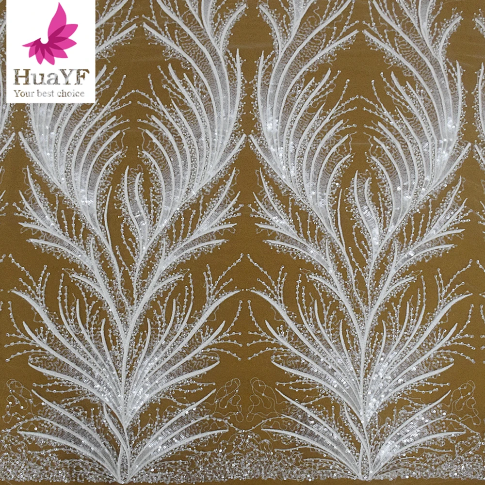 1 Yard French Sequin Heavy Bead Leaf Shaped Tulle White Romantic Bridal Wedding Dress Lace Fabric HY1511
