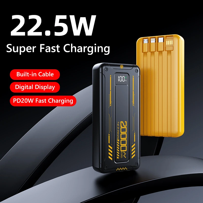 

20000 мАч Power Bank в стиле Mecha со встроенным кабелем 22,5 Вт 4-в-1 Портативное зарядное оборудование большой емкости для Iphone Android