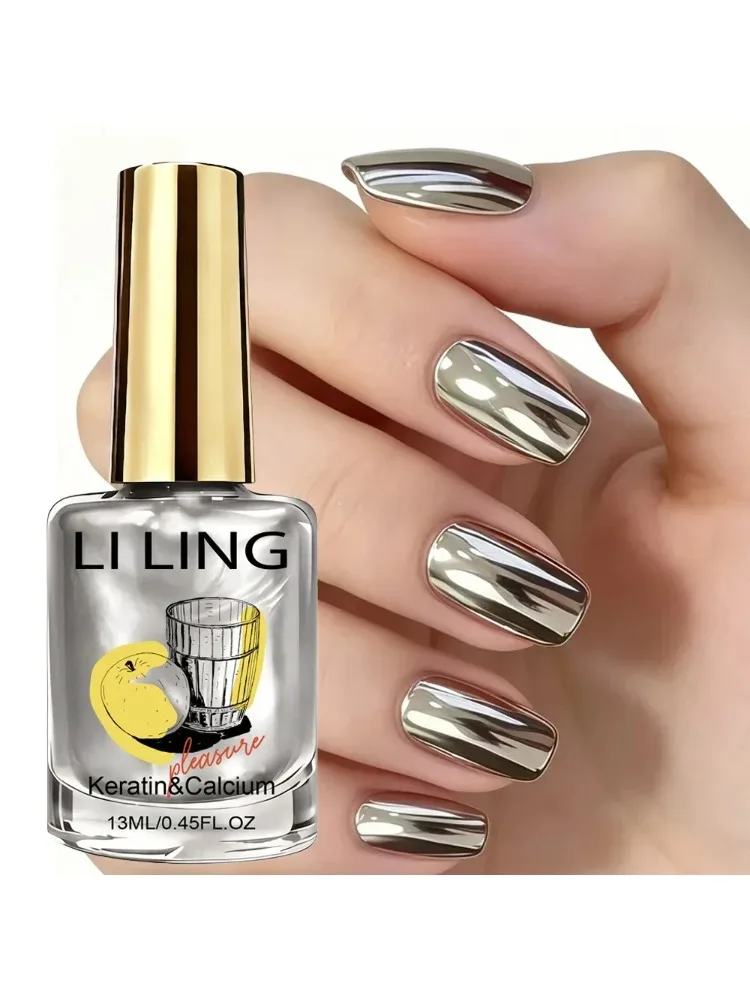 Metallic Mirror Silver Polish, Air-Dry, Quick-Dry, One Coat No Trace, Mirror-Reflective, with Keratin, Salon-Grade DIY.