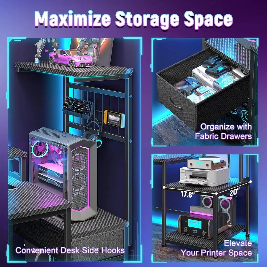 63 مكتب ألعاب مزود بمصابيح LED مدمجة ومنافذ كهربائية مدمجة ومكتب كمبيوتر يتميز بحامل شاشة تخزين للأدراج #5