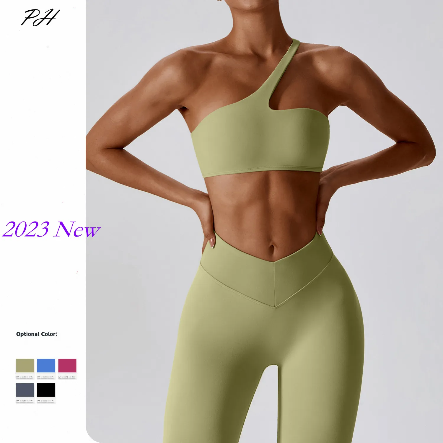 Women Yoga Set Workout Suits 2Pcs Nude Sexy One Shoulder Sport Bra Leggings Yoga Outfits Fitness Running Leisure Sportwear 8110